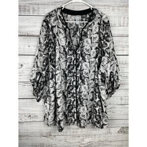 Catherines Black White Palm Leaf Button Down Top 3X Coastal Resort Lightweight
